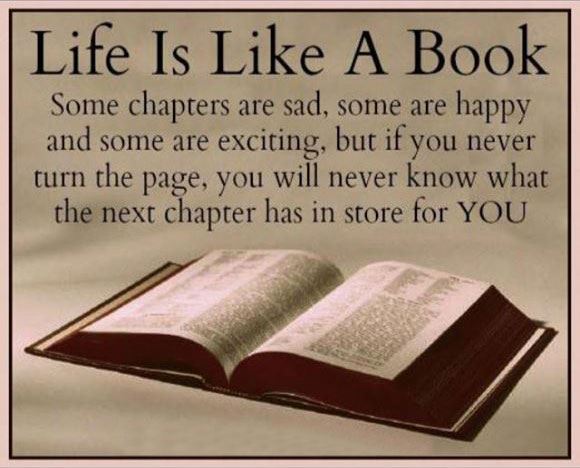 Life Is Like A Book.

Some chapters are sad, some are happy and some are exciting, but if you never turn the page, you will never know what the next chapter has in store for YOU.  Quote