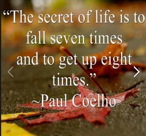 The secret of life is to fall seven times and to get up eight times.  Quote ~ Paulo Coelho